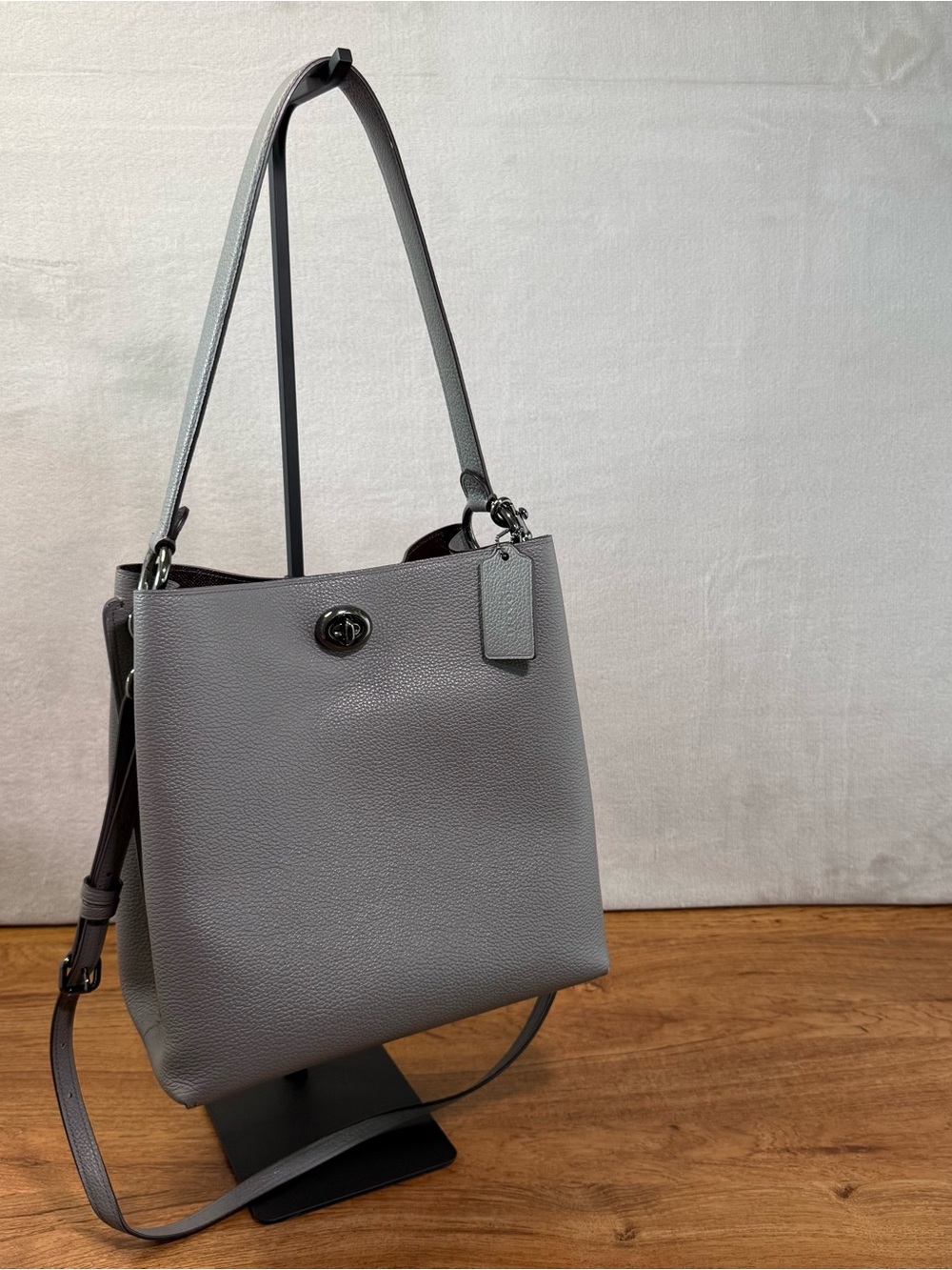 Coach Charlie Gray Pebble Leather Turnlock Shoulder Bucket Bag